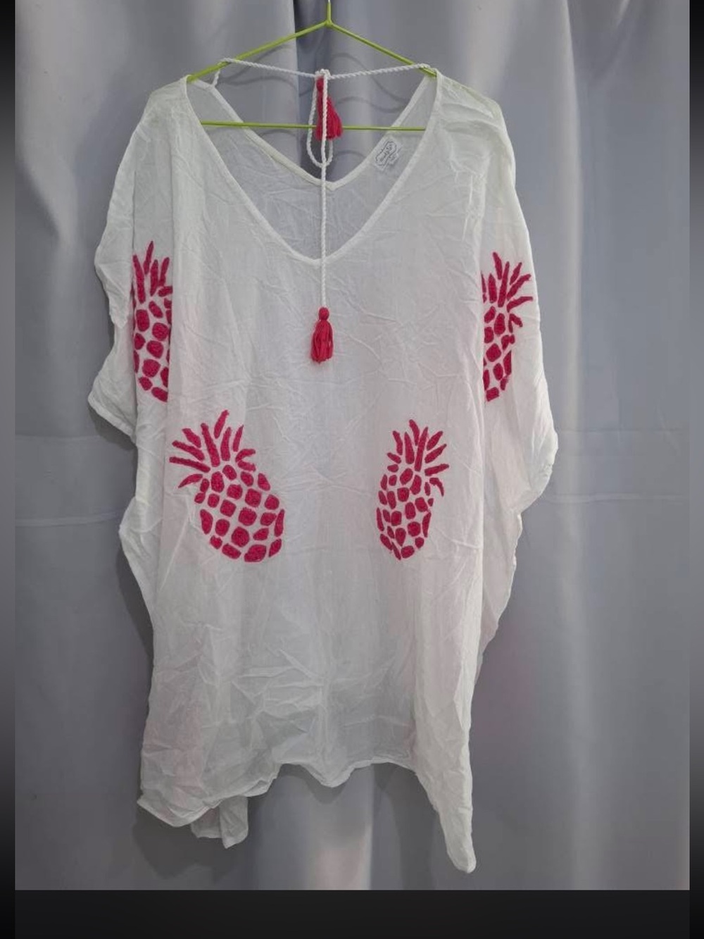 Mud Pie White Tunic Swimsuit Cover with Hot Pink Pineapple Embroidery